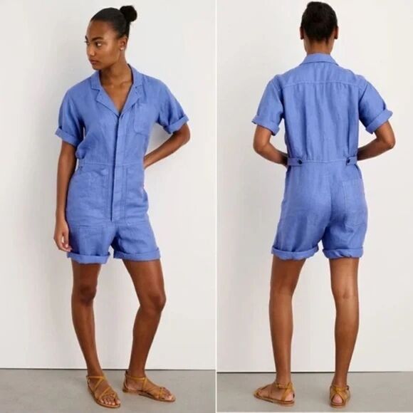 REVOLVE ALEX MILL STANDARD SHORT SLEEVE LINEN ROMPER IN FRENCH BLUE JUMPSUIT